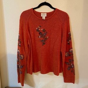 Vintage Orange Floral Hand Embroidered Christopher and Banks Sweater